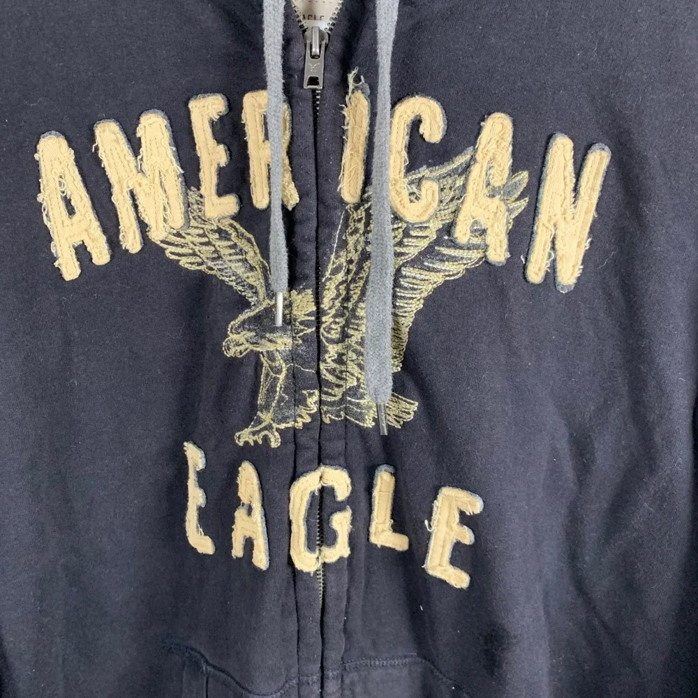 American Eagle Black Full Zip Hoodie Eagle Graphic Men XL Y2K Spell Out Skater‎ - Picture 3 of 14